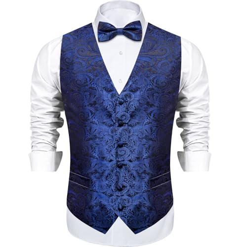 Image of DiBanGu Mens Paisley Suit Waistcoat,Silk Dress Vest and Bowtie Pocket Square Cufflinks with Lapel Pin Set for Wedding Tuxedo