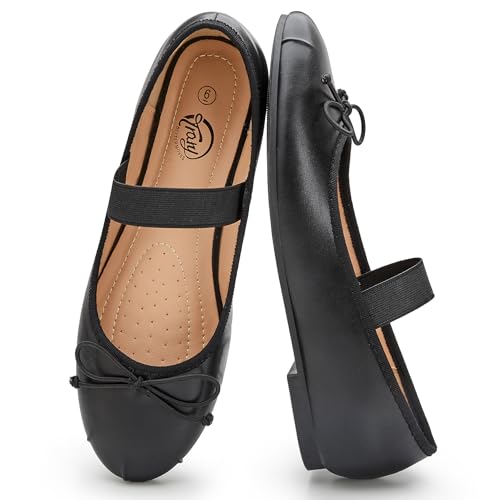 Image of Trary Flats for Women Closed Round Toe Ballet Flats Mary Jane Shoes Women with Elastic Strap Cute Bowknot Comfortable Dress Shoes for All-Year Daily Work Casual Wear