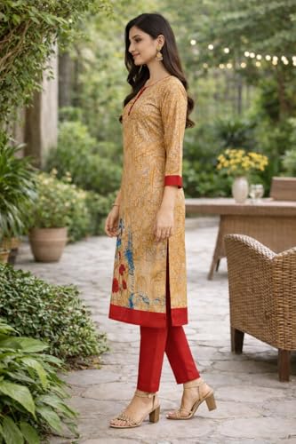 Image of Women's Cotton Blend Unstitched Kurti Set for Women | A-Line Style Dress Material | 2-Piece Traditional Ethnic Wear Suit Fabric