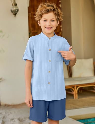 Image of Arshiner Boy's 2 Piece Beach Outfit Short Sleeve Textured Button Down Shirt and Short Sets Summer Vacation Wear 4-12 Years