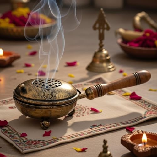 Image of DSH Home Purifying Hand-Loban Incense Burner, Loban Burner with Handle, Dhoop Dhuni Burner Sambrani Dhoop, Resin & Home Office Temple Prayer Butler (Antique)