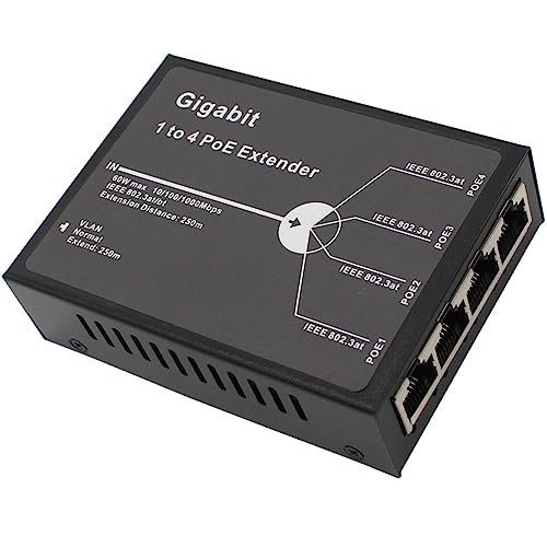 Gigabit POE Extender, 4 Channel PoE Repeater, RJ45 4 Port POE Splitter, 10/100/1000Mbps, PoE Amplifier, PoE Sourcing Ethernet Switch, IEEE 802.3at, 100/250m POE Extension