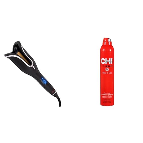 CHI Spin N Curl in Onyx Black. Ideal for Shoulder-Length Hair Between 6-16” inches & 44 Iron Guard Style & Stay Firm Hold Protecting Hair Spray,10 Oz - Black - Hair Curler + Spray