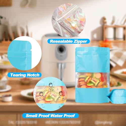 100 Pack Smell Proof Bags, Resealable Mylar Bags with Matte Window, Foil Pouch Stand-up Bags for Food Self Sealing Storage, Scratch Resistant Hand Storage Bags.(Blue, 4.7×7.9 Inch)