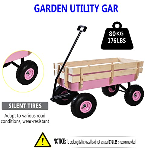 Outdoor Sport Pink Wagon All Terrain Pulling W/Removable Wooden Side Panels Air Tires Big Foot Panel Wagon 176 Lbs. Weight Capacity Sturdy All Steel Wagon Bed, Children Kids' Pull-Along Wagons (Pink) #TOP2