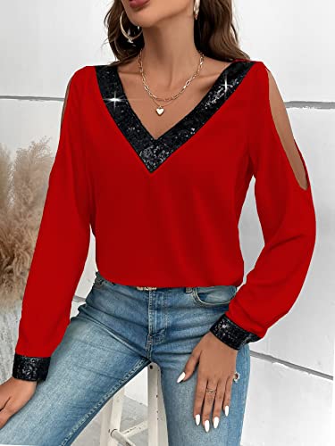 SOLY HUX Women's Contrast Sequin Blouse V Neck Cold Shoulder Long Sleeve Blouse Tops3