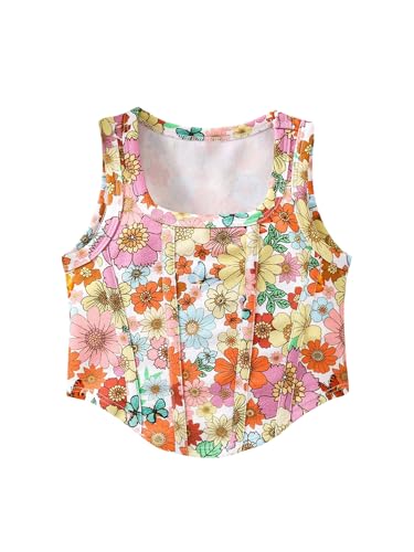 WDIRARA Toddler Girls Floral Print Square Neck Tank Tops Sleeveless Asymmetrical Hem Tee Shirts