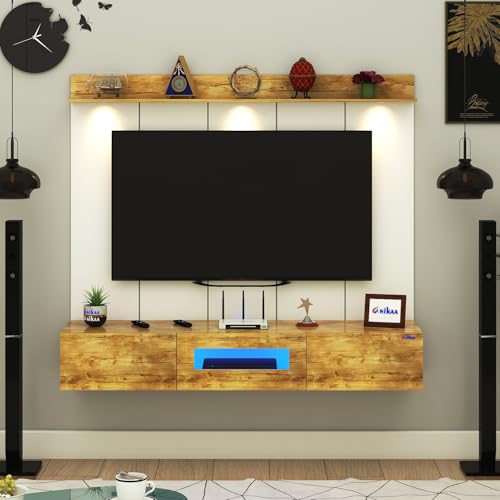 Image of Anikaa Lucen PVC Back Panel Wall Mounted TV Unit with Spot & Blue Ambient LED Light- Acrylic Storage Box, Display Shelf & Soft-Close Hinges | Ideal for Up to 50 Inch TV (Giantwood - DIY Installation)