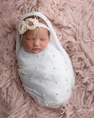 Image of Bellasignoro Newborn Photo Shoot Outfits Baby Photoshoot Props Knit Handmade Pearl Decor Wrap Blanket Swaddle with Flower Headband
