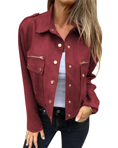 YUTILA Übergangsjacke Damen Kurz Jacke Lederjacke Faux Wildleder Kunstlederjacke Casua Blouson Leichte Frühlingsjacke Herbstjacke