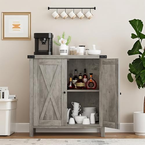 Image of Coffee Bar Cabinet with Storage, 30 inch Farmhouse Kitchen Storage Cabinet with Adjustable Shelf, Console Table for Dining Room, Living Room & Entryway,Gray