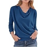 Women's Cowl Neck Ruched Tops Draped Front Long Sleeve Tee T Shirt Teacher Outfits Solid Color Work Trendy Tops Navy M