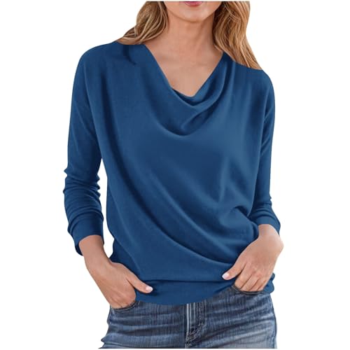 Women's Cowl Neck Ruched Tops Draped Front Long Sleeve Tee T Shirt Teacher Outfits Solid Color Work Trendy Tops Navy M