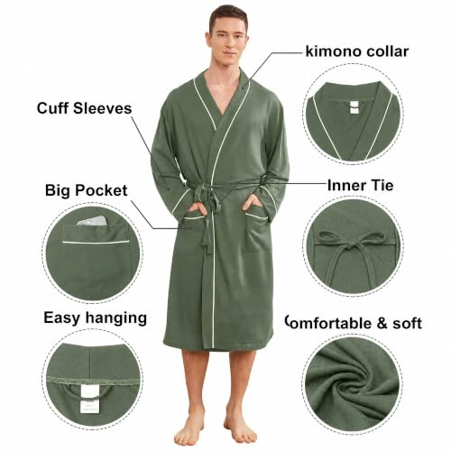 Image of Mens Lightweight Robe, Knit Kimono Bathrobe Spa Sleepwear Soft Knee Length Robe With Pockets