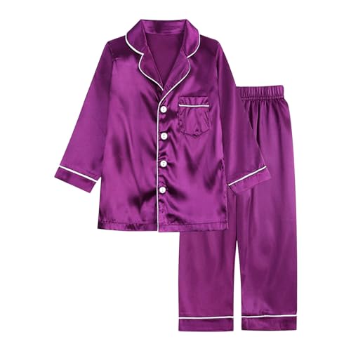 Girls 𝗦ilk 𝐏a𝐣ama Set Long Sleeve Satin 𝐏ajamas 2 Piece Button Down Loung𝐞wear with Pants Kids Plain Sl𝐞epwear