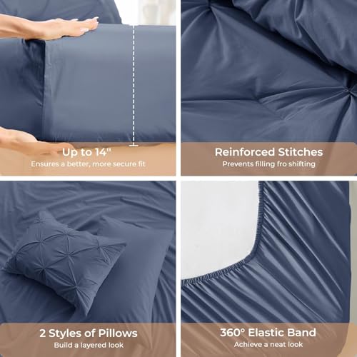Image of Sasttie Twin Comforter Set, 5-Piece Bed in a Bag, Pintuck Bedding Sets for All Season, Includes Comforter, Flat Sheet, Fitted Sheet, Pillowcase and Pillowsham, Indigo Blue