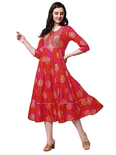 MIRCHI FASHION Women's Cotton Relaxed Fit A Line Sequins Embroidery Work Foil Printed A-Line Kurti Only