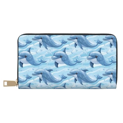 Leather Thin Slim Wallets for Women & Men - Cute Dolphin Ocean Print Card Wallet Holder with Zipper
