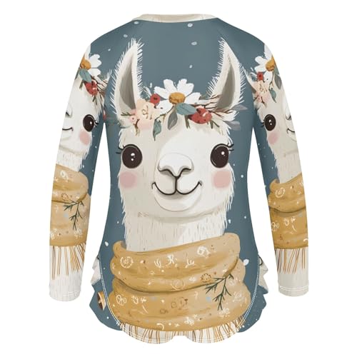 Cute Llama Animal Flower Girls Long Sleeve Swimsuit Rash Guard One Piece Bathing Suits Zipper 3-12T3