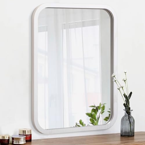 18 x 26 inch Bathroom Mirror Wall Mounted Vanity Makeup Framed Wood White Large Mirrors with Rounded...
