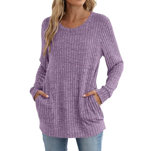Fall Sweaters for Women Casual Long Sleeve Crew Neck Sweaters Ribbed Knit Fall Loose Tops Sweatshirt with Pockets4