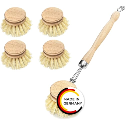 Spülbürste Holzspülbürste + 4 Ersatzköpfe. Nachhaltige Bürsten aus zertifiziertem Buchenholz und Natur Fibre Pflanzenborsten. Langlebig, praktisch und CO²-neutral - Made in Germany