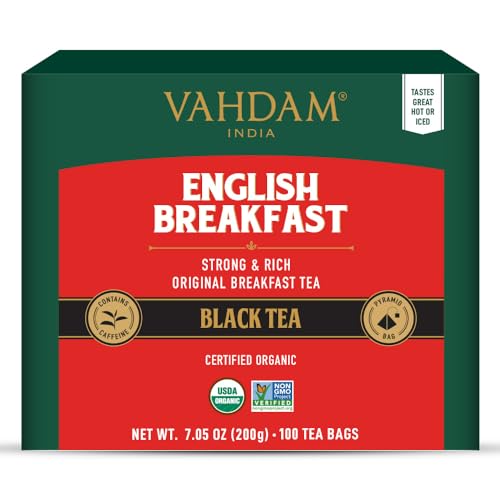 VAHDAM, Organic English Breakfast Black Tea Bags (100 Count) High Caffeine - Coffee Replacement, USDA Organic, Gluten Free | Whole Loose-Leaf Tea Bags | Strong, Robust & Flavoury | Resealable Pouch
