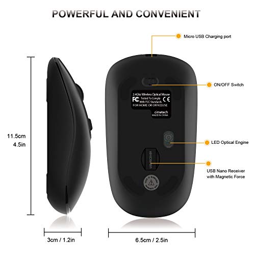 Image of cimetech Wireless Mouse, Rechargeable 2.4G Slim Quiet Mouse with USB Nano Receiver, 5 Adjustable DPI 2400 /2000 /1600 /1200 /800 - Black