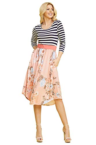 Image of Eloges Women's 3 /4 Sleeve Contrast Waist Band Floral Curved Hem Midi Dress