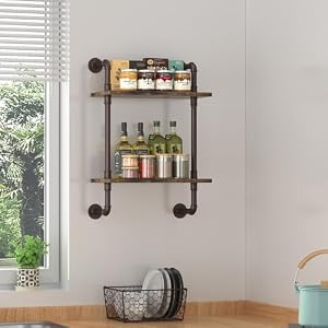 Helsin 2 Tier Industrial Pipe Floating Bathroom Shelves 16inch Rustic Wood Wall Mounted Shelf Storage Rack Sundries Holder for Kitchen Office Bathroom Organization Home Decor