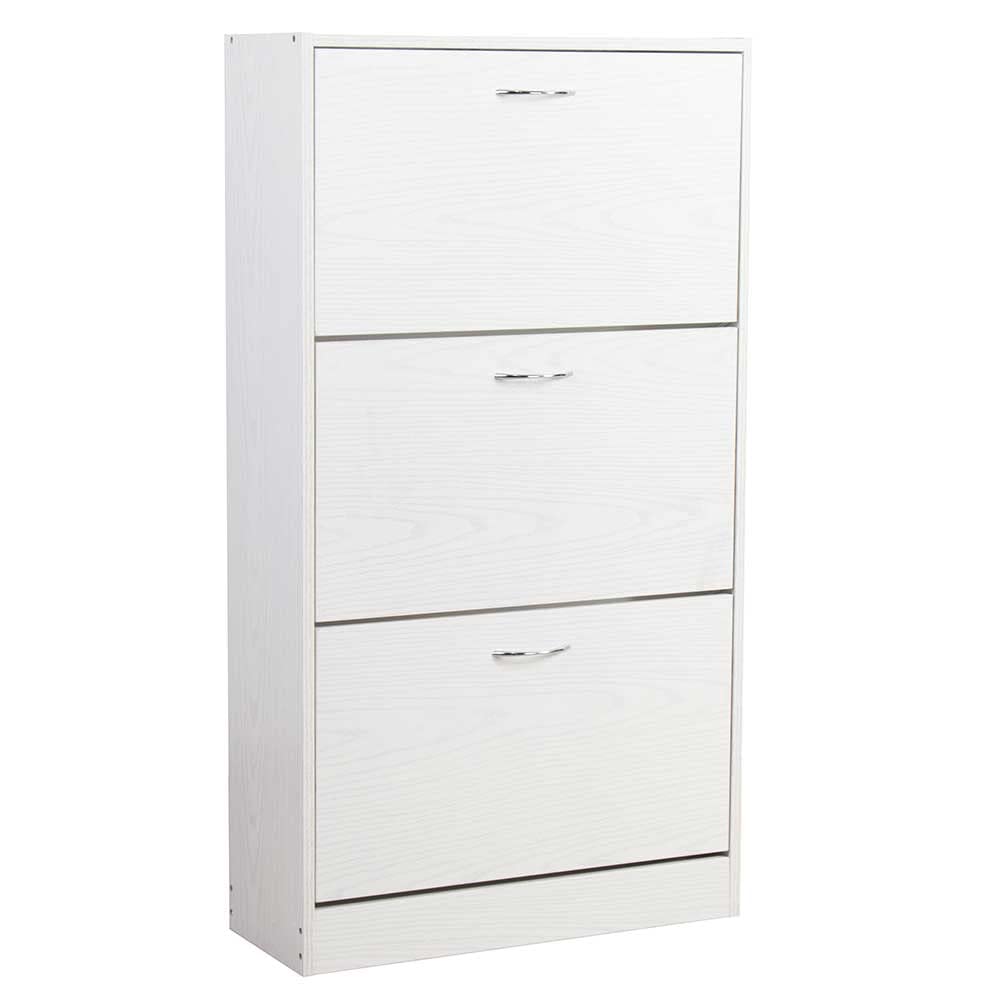 BAKAJI Scarpiera Portascarpe in Legno MDF con 3 Ante Porta Scarpe a Ribalta Maniglie in Metallo Doppia Profondità Dimensioni Compatte Slim 63 x 24 x 115 cm Ingresso Casa (Bianco Frassinato)