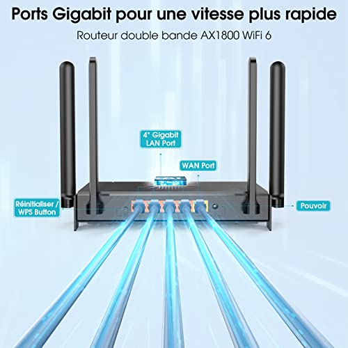 Routeur WiFi 6, Routeur Internet sans fil Gigabit double bande AX1800, Routeur intelligent 802.11ax et 1,8 Gbit/s avec 4 ports LAN Gigabit, OFDMA, MU-MIMO, idéal pour le streaming vidéo 4K et les jeux