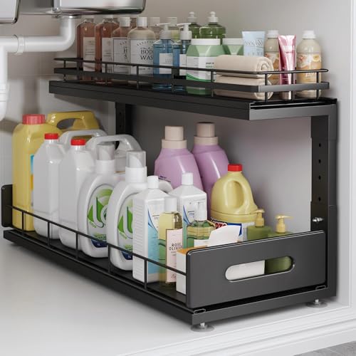 Image of Under Sink Organizer Upgrade To Professional Rails,2-Tier Dual Pull Out Cabinet Storage,Height Adjustable Slide Out Drawers For Bathroom Kitchen,1 Pack-21 inchDx12.8 inch-16.9 inchH,Black