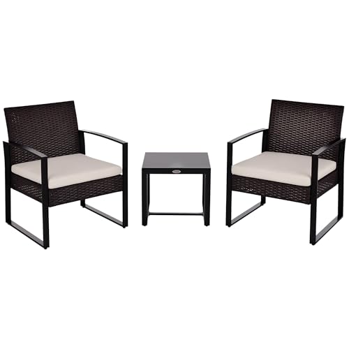 Outsunny Rattan Gartenmöbel Set Polyrattan 3 TLG. Balkonmöbel, mit Kissen Garten Braun+Creme
