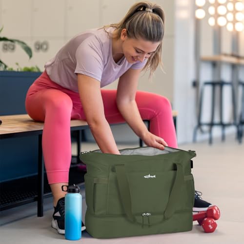 ETRONIK Gym Bag for Women, Travel Duffel Bag with Shoes Compartment, Weekender Bag with USB Charging Port, Army Green, Medium