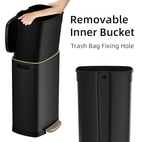 Image of KUK 13 Gallon Kitchen Trash Can with Lid, 50L /13Gal Office Step Garbage Can for Home, Kitchen, Laundry Room, Office, Brushed Stainless Steel, Black