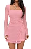 Remxi Women's 2025 Mesh Mini Dress Sexy Square Neck Long Sleeve Dress Wrap Tie Party Club A Line Short Dresses Pink S