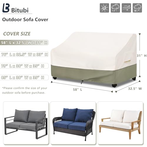 Image of Bitubi Waterproof Patio Sofa Cover, Heavy Duty 2-Seater Outdoor Couch Cover Size Up to 58W x 32.5D x 31H Inches, Lawn Patio Furniture Covers with Air Vent (Beige)