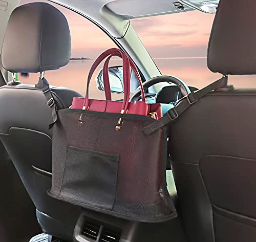 BXKM Car Net Pocket Handbag Holder,Car Mesh Organizer,Car Backseat Organizer,Car Seat Organizer,Seat Back Net Bag,Handbag Holder for Car,Car Organizer for Purse Phone Documents (Nature Black-Update)
