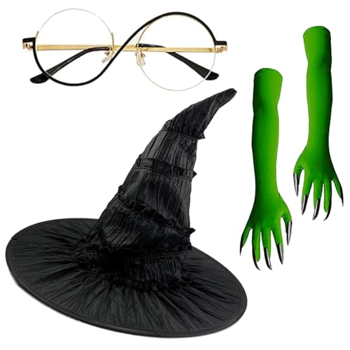 Appwincosly Elphaba Halloween Witch Costume Set - Witch Hat&Green Claw Gloves & Glasses Costume Accessories for Wizard Cosplay (3 Piece)