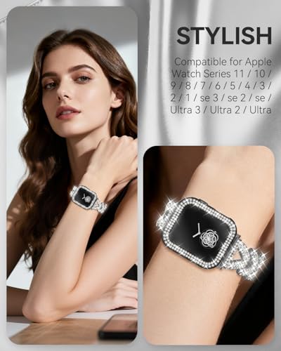 Image of Rhinestones Encrusted Metal Bracelet and Case, Compatible with Apple Watch Bands 38mm-49mm (Series 11 /1 /SE /Ultra 2)- Bling Gold Women's Jewelry Strap, Luxury iWatch Bracelet with Screen Protector