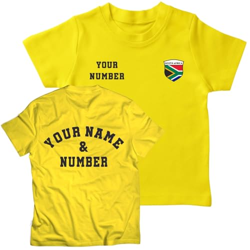 Personalised Kids South Africa 2026 Football T-Shirt Short Sleeve | Custom Name and Number | South Africa Flag Design (12-13 Years Yellow Multi Color)