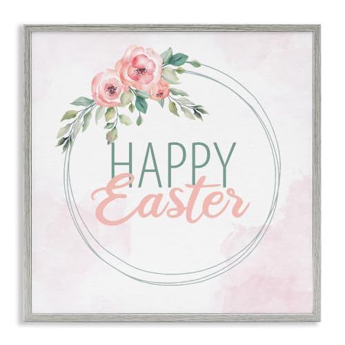 'Happy Easter Round Floral Border Pastel Pink'| Framed Giclee Art