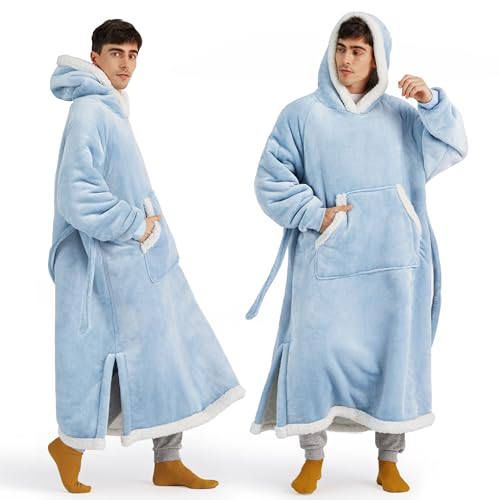 Image of Bedsure Wearable Blanket Hoodie, Long Hooded Blanket Sweatshirt as Christmas Birthday Gifts for Men, Cozy Sherpa Hoodie for Adult, Oversize, Sky Blue