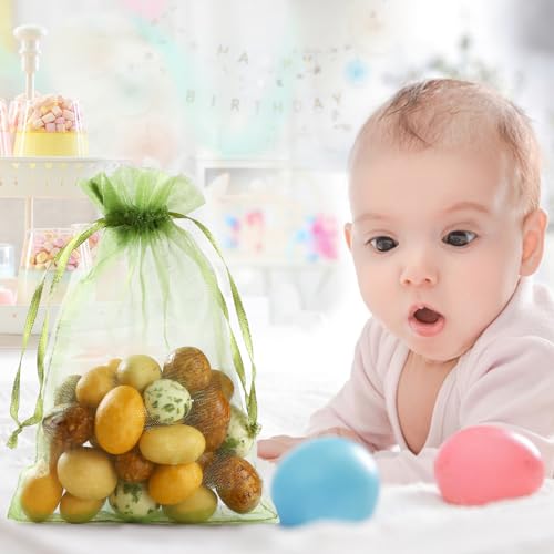 Image of Hopttreely 100Pcs Organza Bags - 4 x 4.72 inch Candy Mesh Gift Bags, Olive Green Satin Drawstring Organza Pouches for Jewelry, Watch, Small Christmas Sachet
