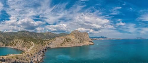 Póster de 90 x 40 cm: hermoso paisaje marino panorámico desde el cabo Kapchik hasta el sendero Galitsin y la bahía azul del Mar Negro.