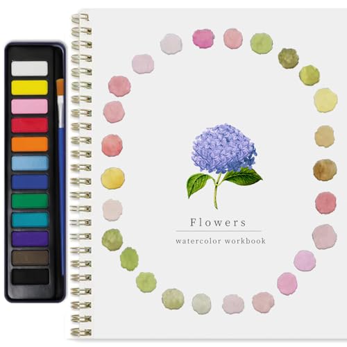 Image of Watercolor Workbook, Water Coloring Book, 12 Different Patterns of Original DIY Designs, 12 Colors Watercolor Paint Set with Palette and Brush, Beginner-Friendly Watercolor Workbooks(Flower-A)