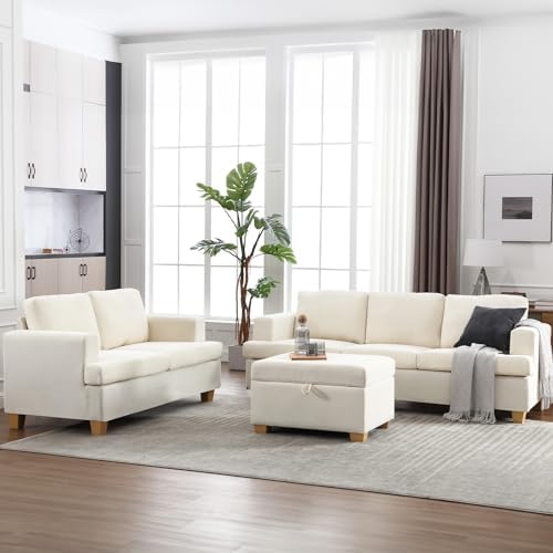 Fiona's magic Loveseat Sofa and 3-Seat Sofa with Ottoman, 2 Piece Set Comfy Couch with Extra Deep Seats, Modern Sofa- Sofa Couch for Living Room Apartment Lounge, White Chenille 2 411IORrBcmL. AC
