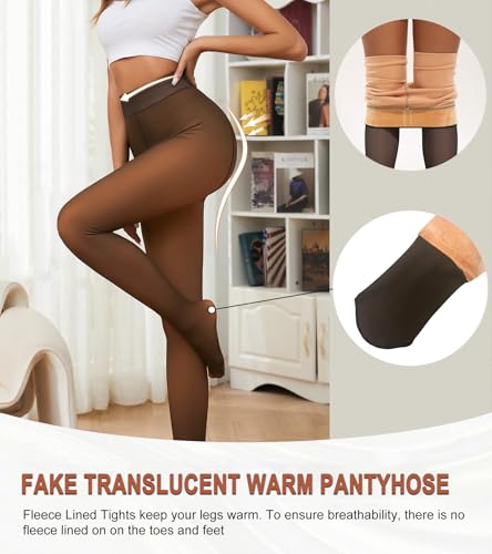 Image of Fleece Lined Tights Women,Fake Translucent Warm Pantyhose Tummy Control High Waist Leggings for Winter