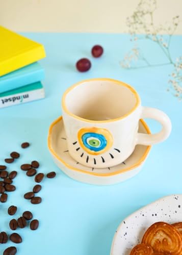Image of WEAVING HOMES Handcrafted Ceramic Mug & Dessert Plate (Set of 2, Multicolor) - Coffee Mugs and Dessert Plates for Birthday Gifts, Mugs for Office and Travel